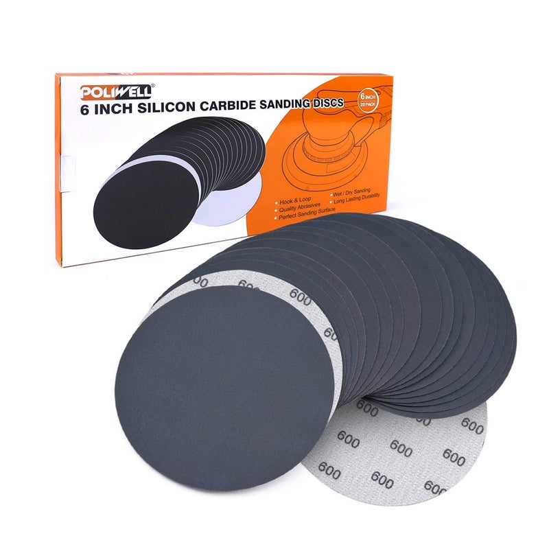 POLIWELL 6 Inch (150mm) 600 Grit High Performance Waterproof Hook & Loop Sanding Discs Heavy Duty Silicon Carbide Round Flocking Sandpaper for Wet/Dry Sanding Grinder Polishing Accessories, 20-Pack - Image 1